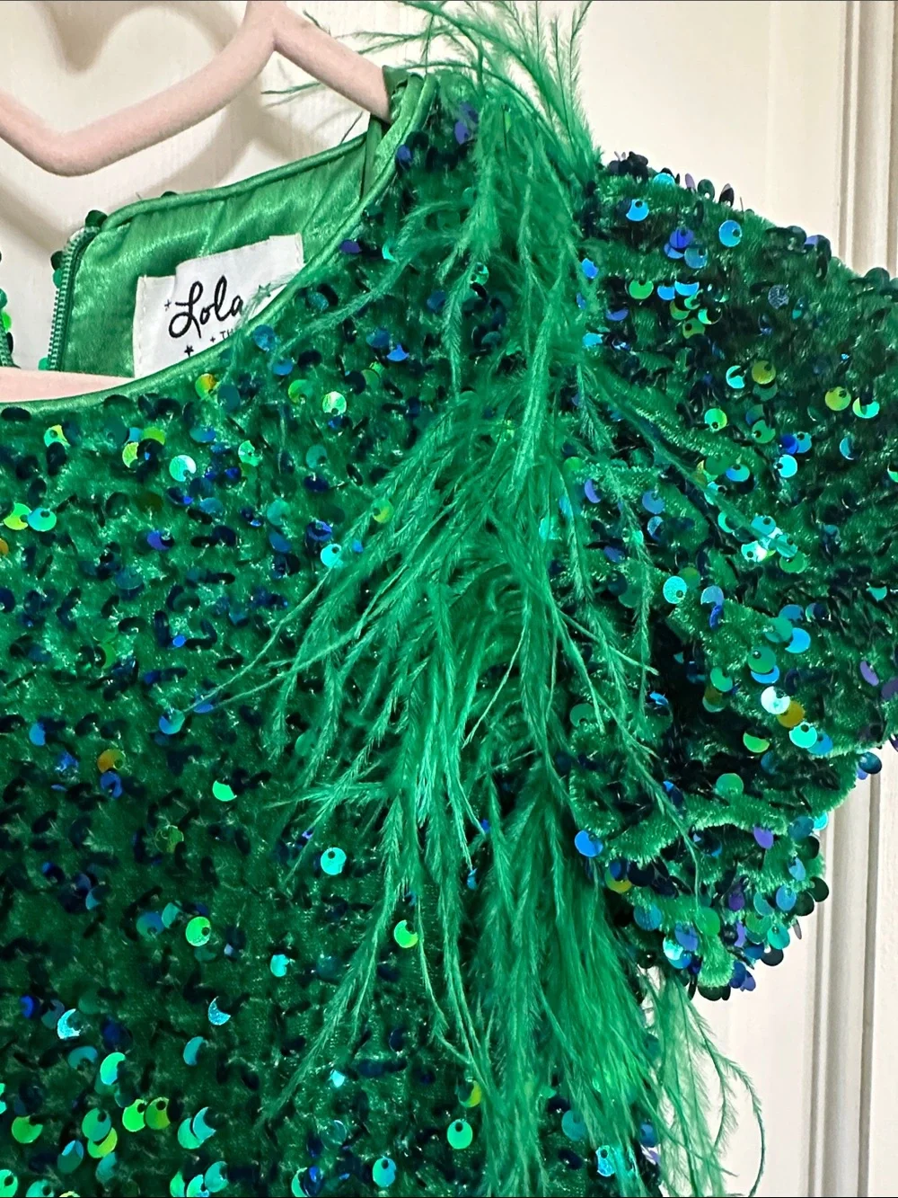 Lola + The Boys Emerald Green Sequin Dress with Feather Trim